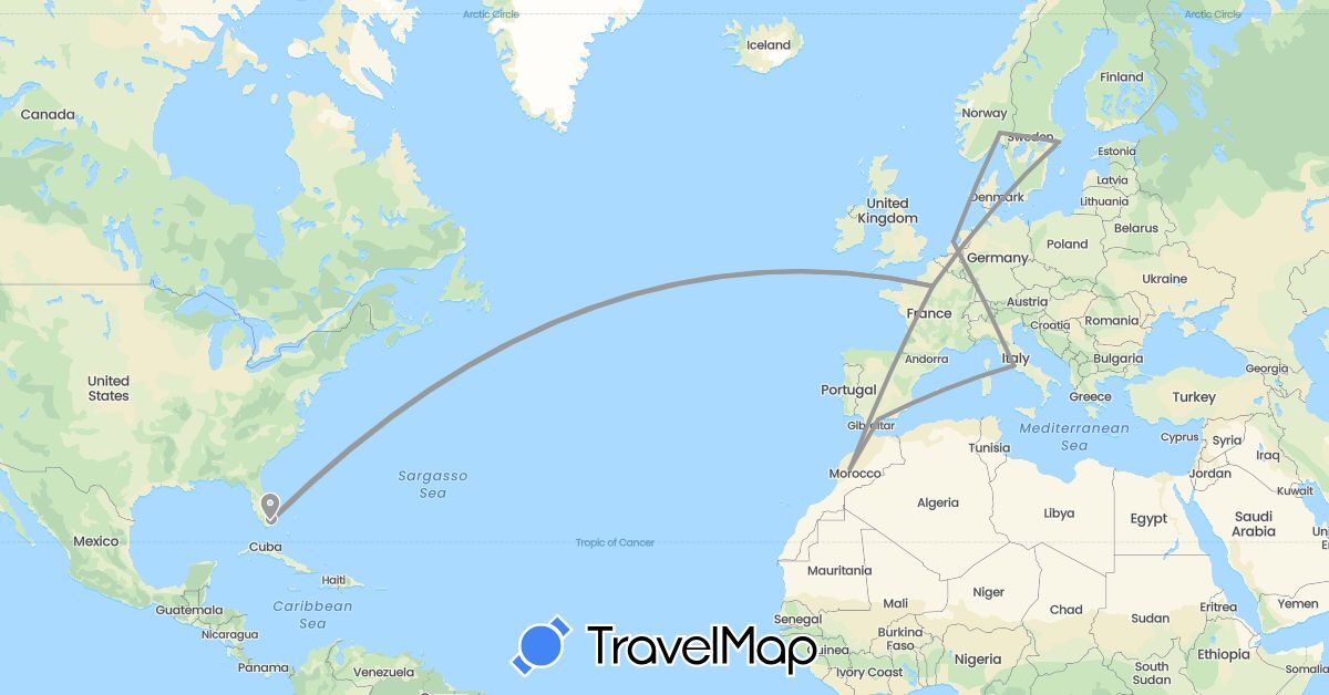TravelMap itinerary: driving, plane in Spain, France, Italy, Morocco, Netherlands, Norway, Sweden, United States (Africa, Europe, North America)